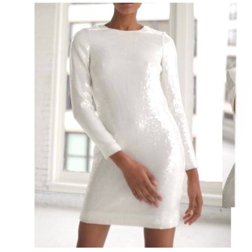 Amsale White Sequin Mini Dress Open Back Bow Long Sleeve Sheath Bridal Women's 6